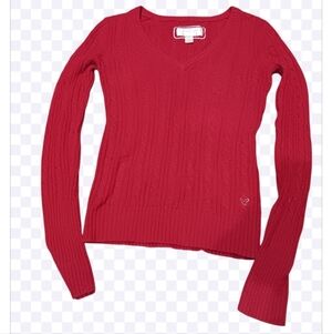 American Eagle Outfitters Red Cable Knit V-Neck Sweater